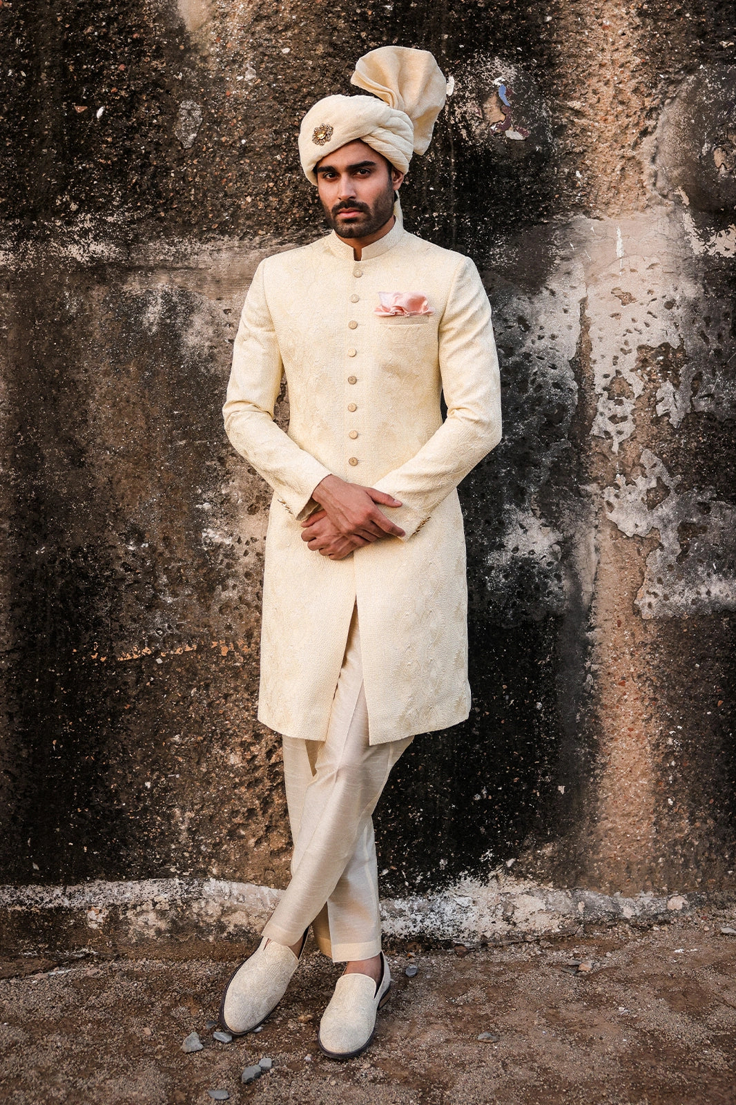 Ivory Self-Embroidered Sherwani for Men
