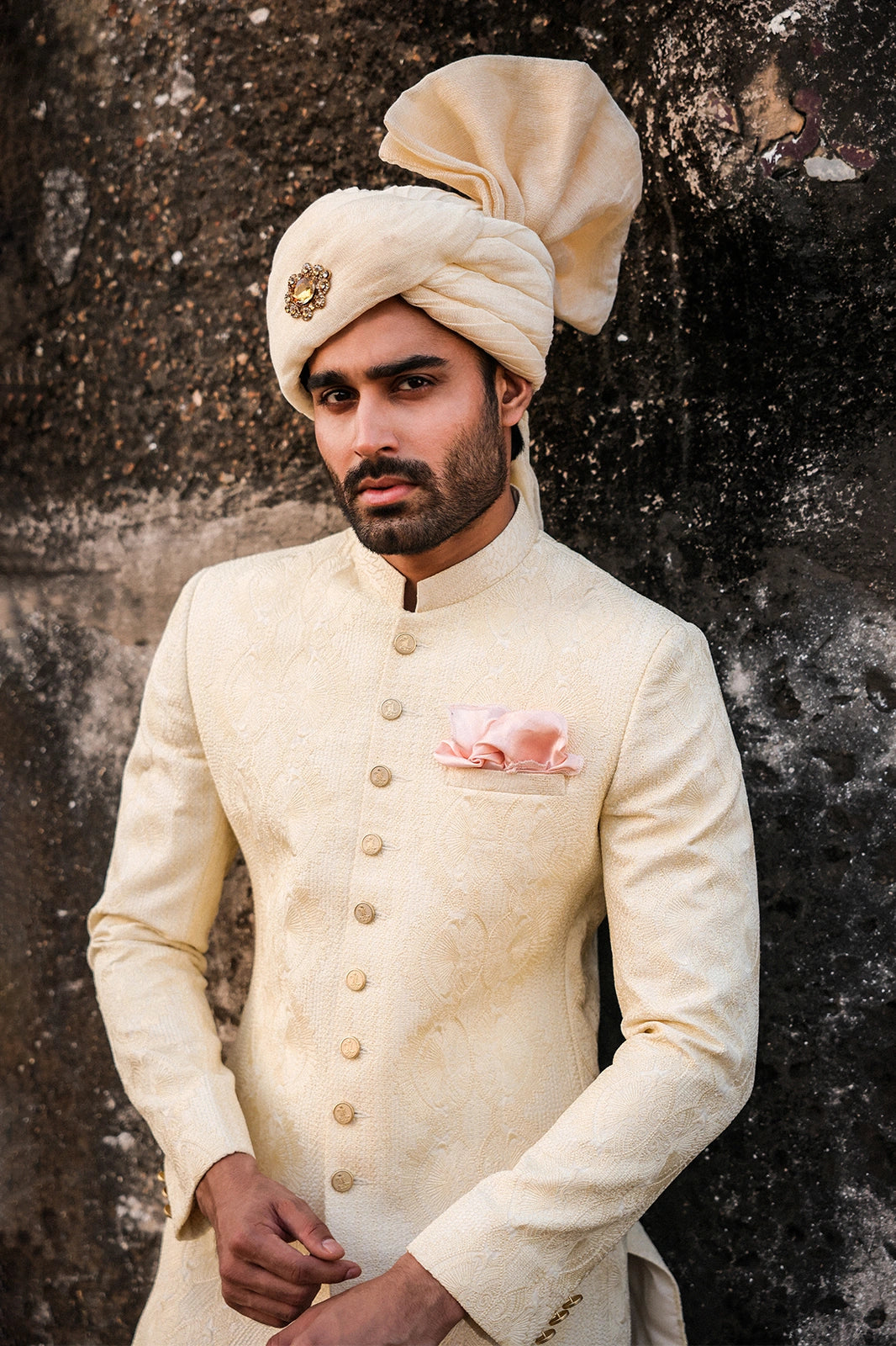 Ivory Self-Embroidered Sherwani for Men