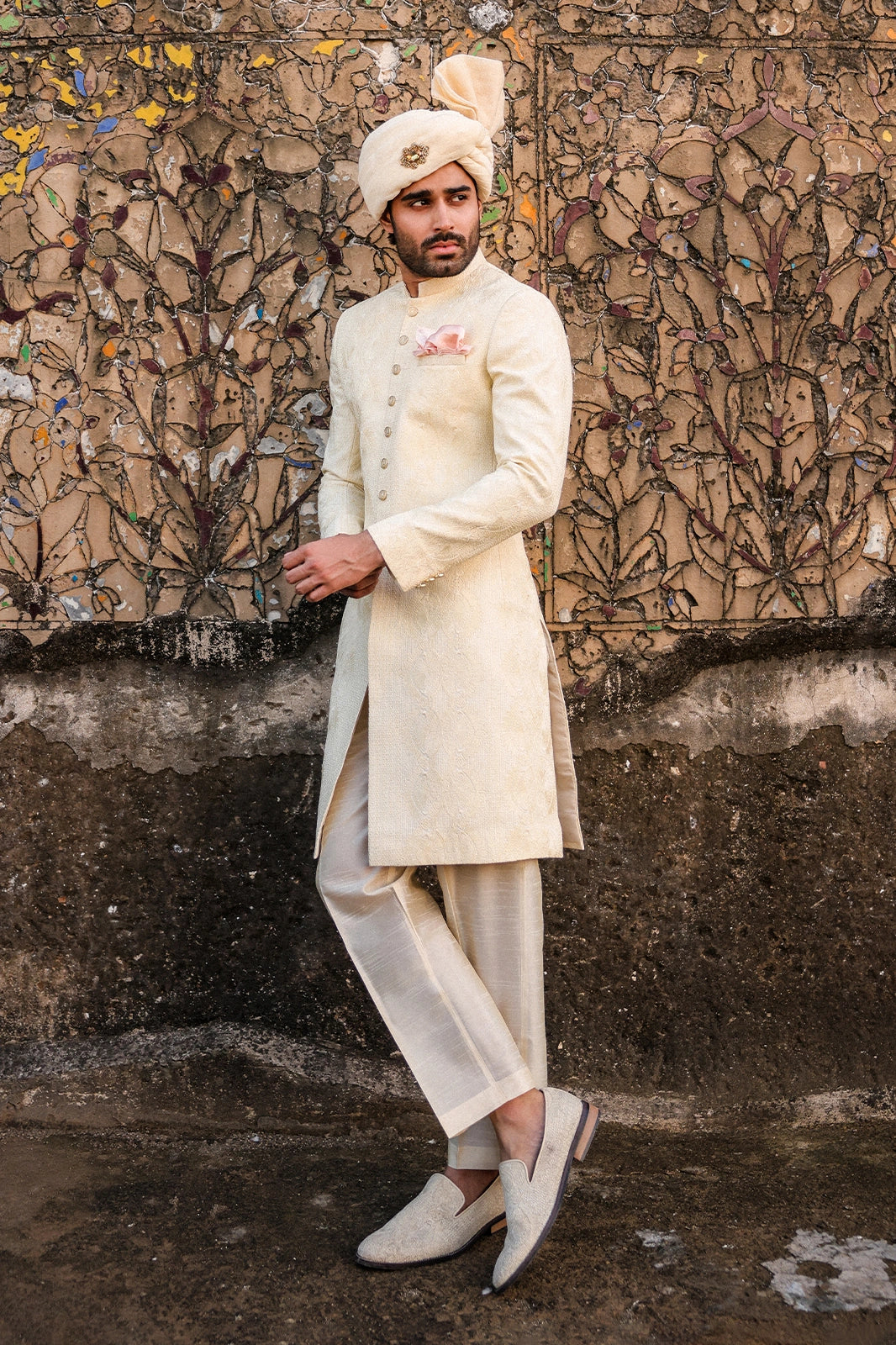 Ivory Self-Embroidered Sherwani for Men