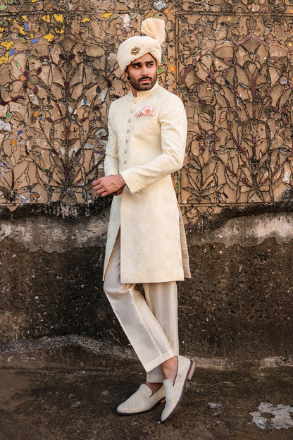 Ivory Self-Embroidered Sherwani for Men