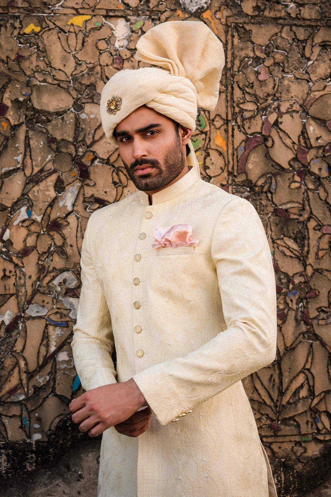 Ivory Self-Embroidered Sherwani for Men