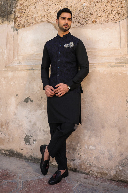 Black & Blue Embroidered Waistcoat for Men