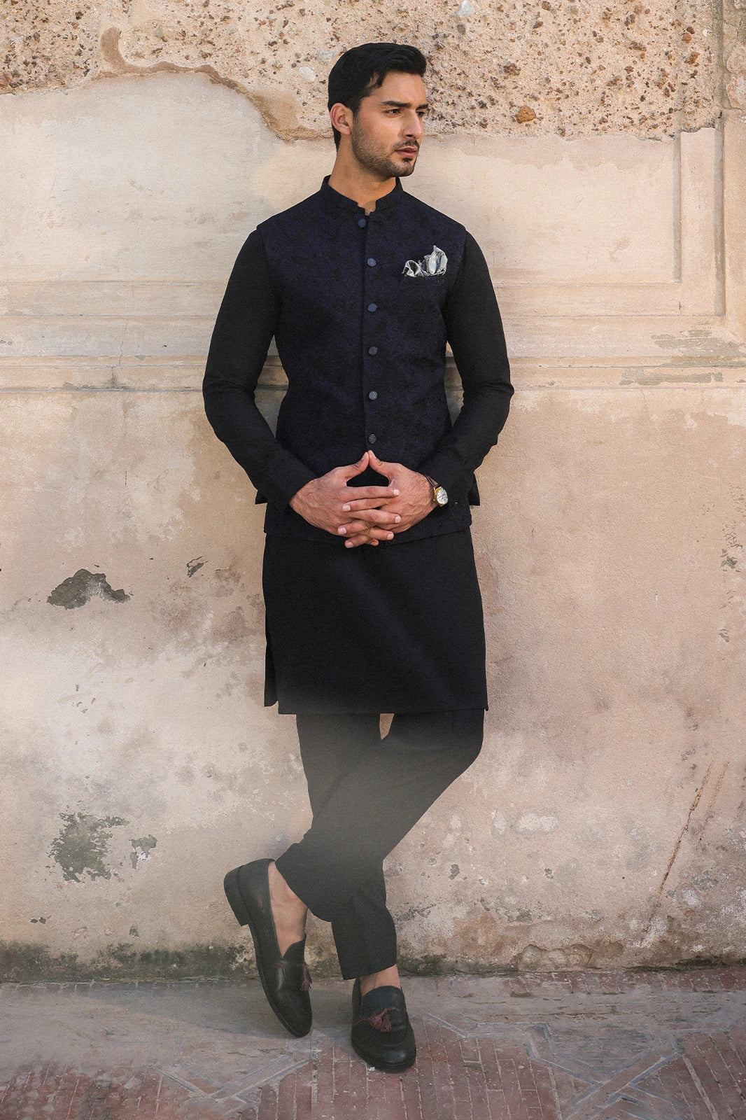 Black & Blue Embroidered Waistcoat for Men