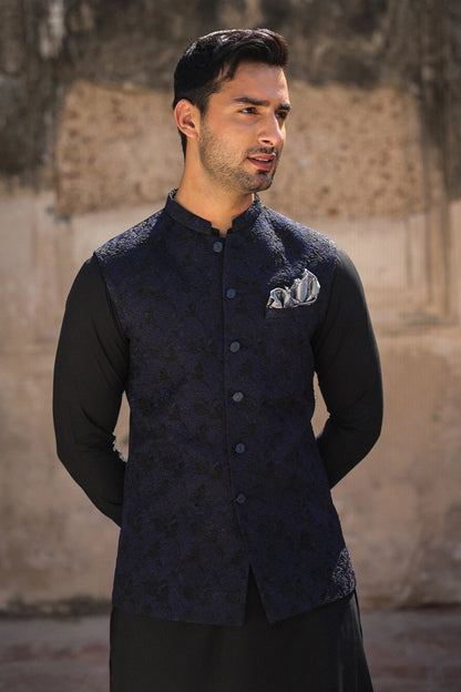 Black & Blue Embroidered Waistcoat for Men