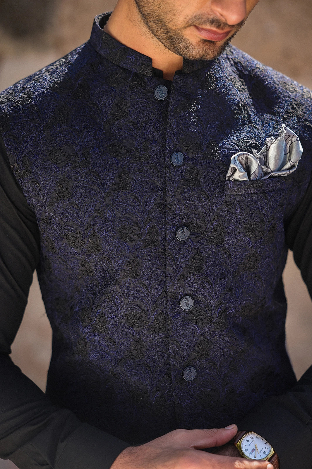 Black & Blue Embroidered Waistcoat for Men
