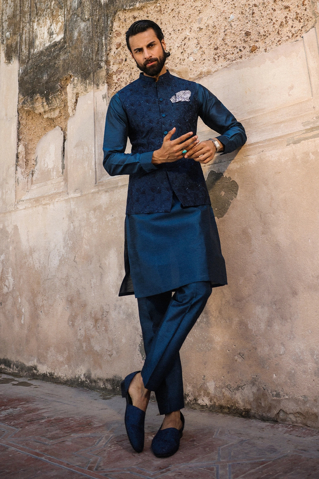 Teal & Blue Embroidered Waistcoat for Men