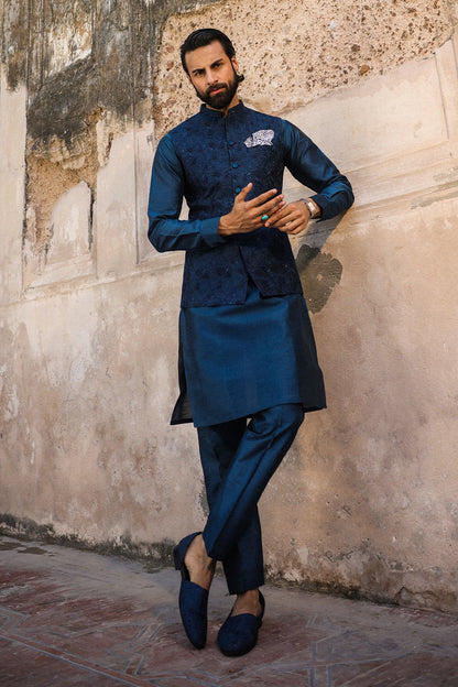 Teal & Blue Embroidered Waistcoat for Men