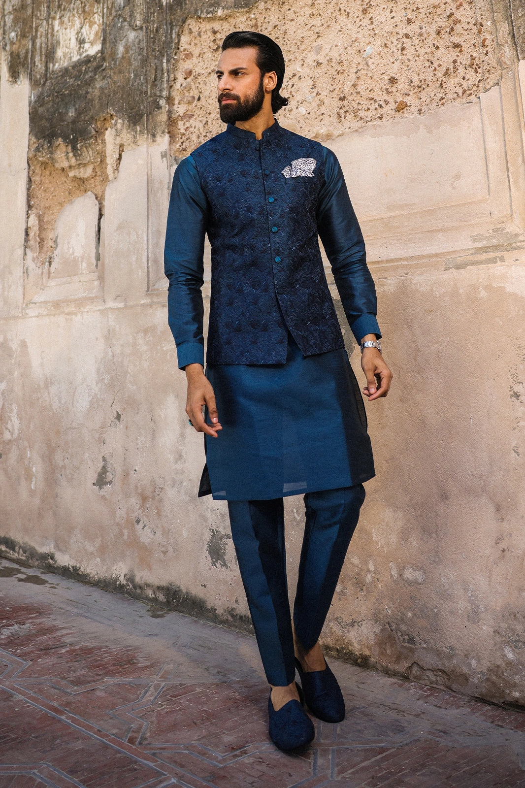 Teal & Blue Embroidered Waistcoat for Men