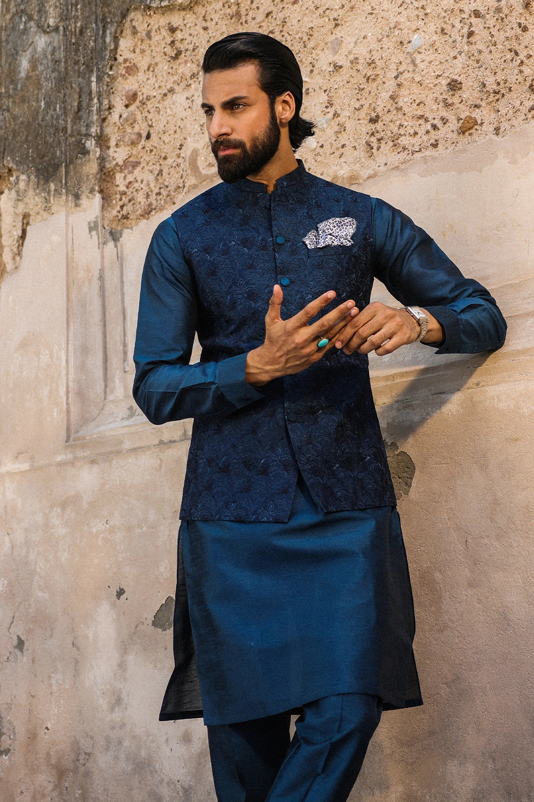 Teal & Blue Embroidered Waistcoat for Men