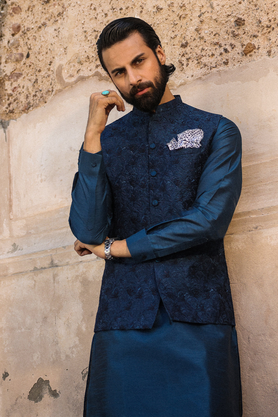 TEAL WITH BLUE EMBROIDRED WAIST COAT - WC-310