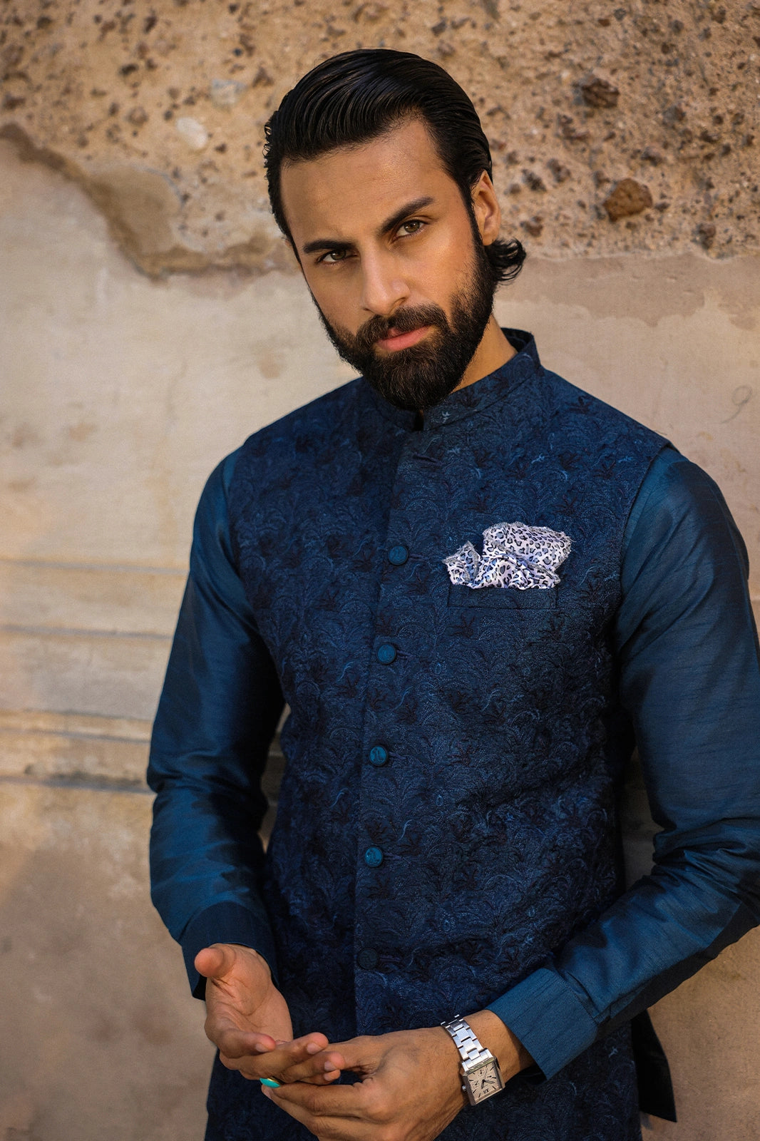 Teal & Blue Embroidered Waistcoat for Men