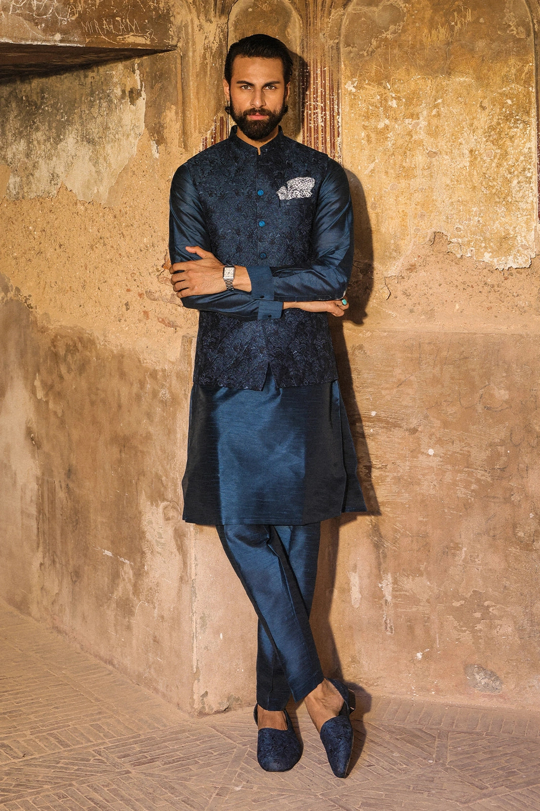 Teal & Blue Embroidered Waistcoat for Men