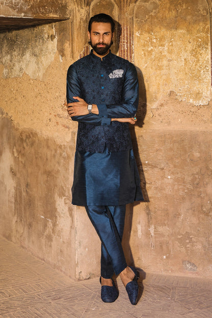 Teal & Blue Embroidered Waistcoat for Men