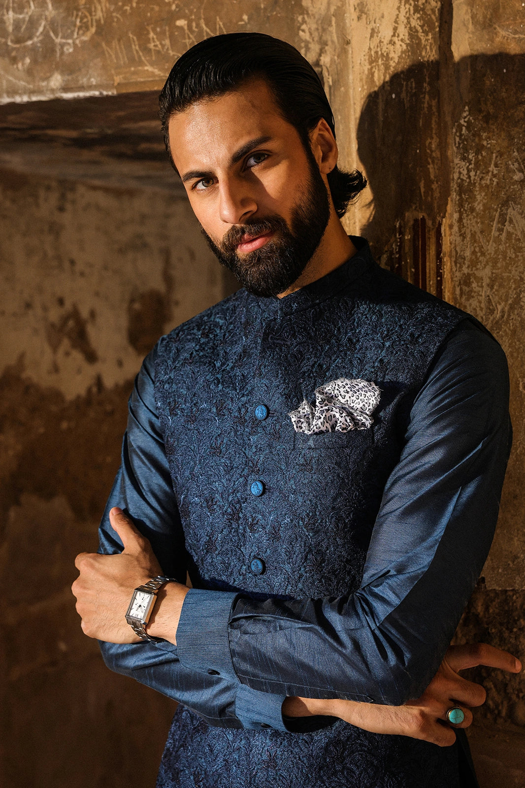 Teal & Blue Embroidered Waistcoat for Men