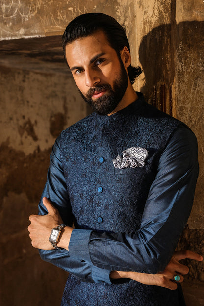 Teal & Blue Embroidered Waistcoat for Men
