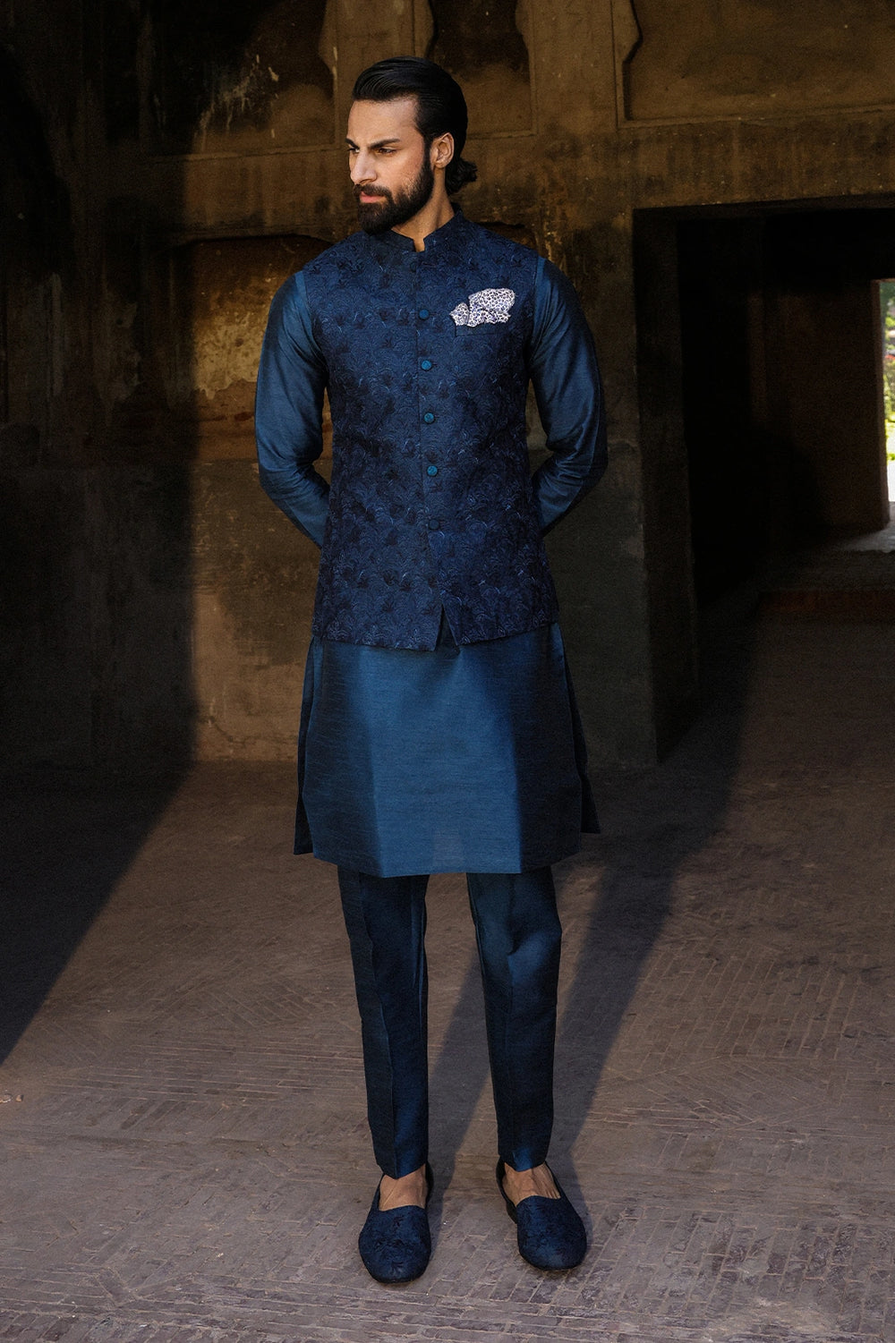 Teal & Blue Embroidered Waistcoat for Men
