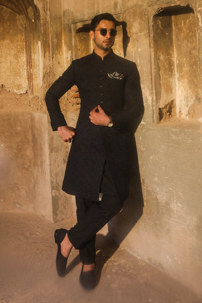 Black & Blue Embroidered Sherwani for Men