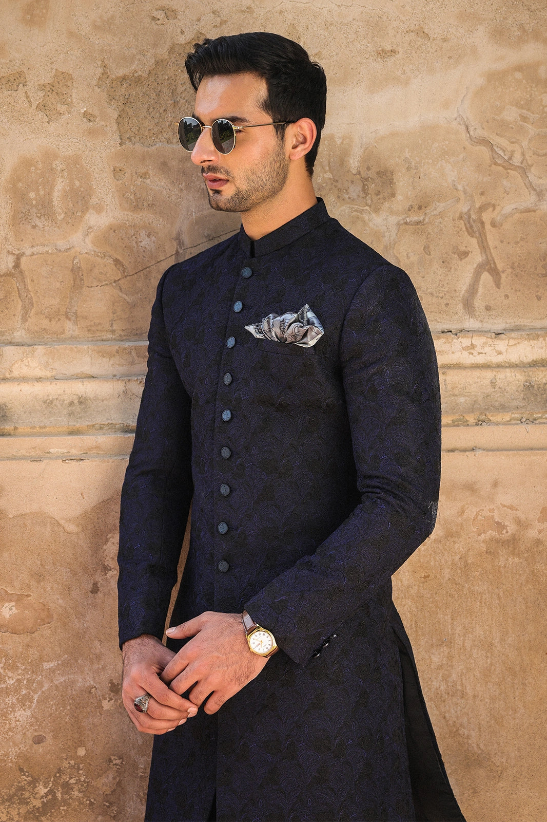 Black & Blue Embroidered Sherwani for Men