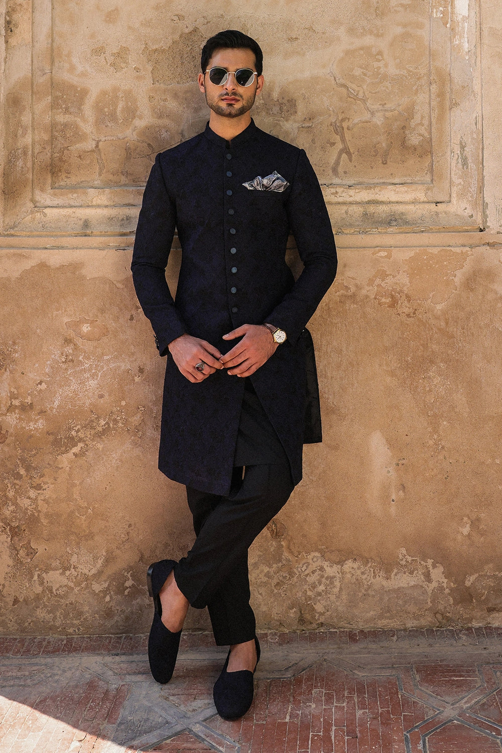 Black & Blue Embroidered Sherwani for Men