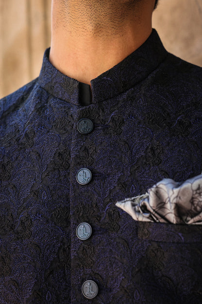 Black & Blue Embroidered Sherwani for Men