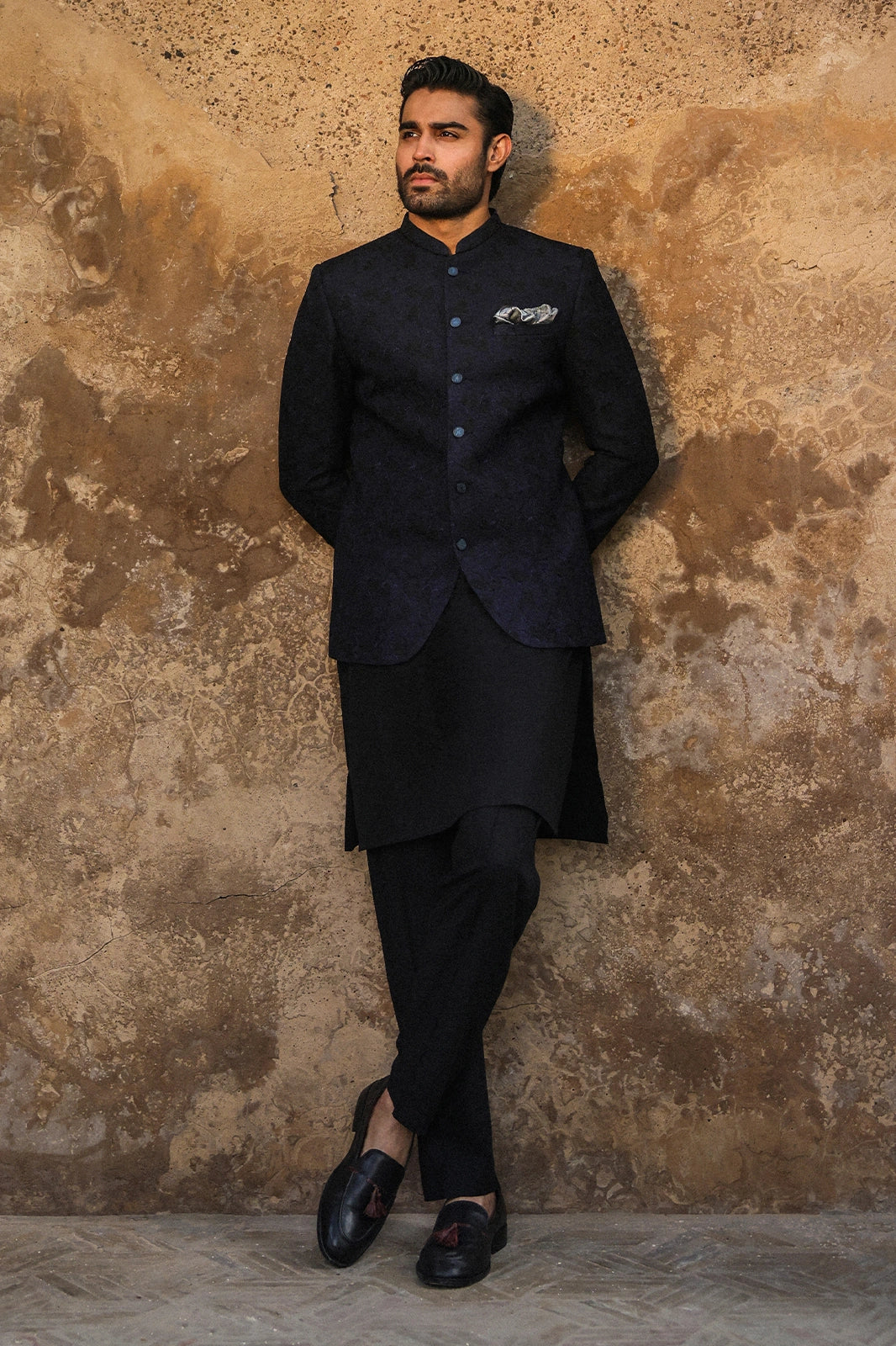 Black & Blue Embroidered Prince Coat for Men