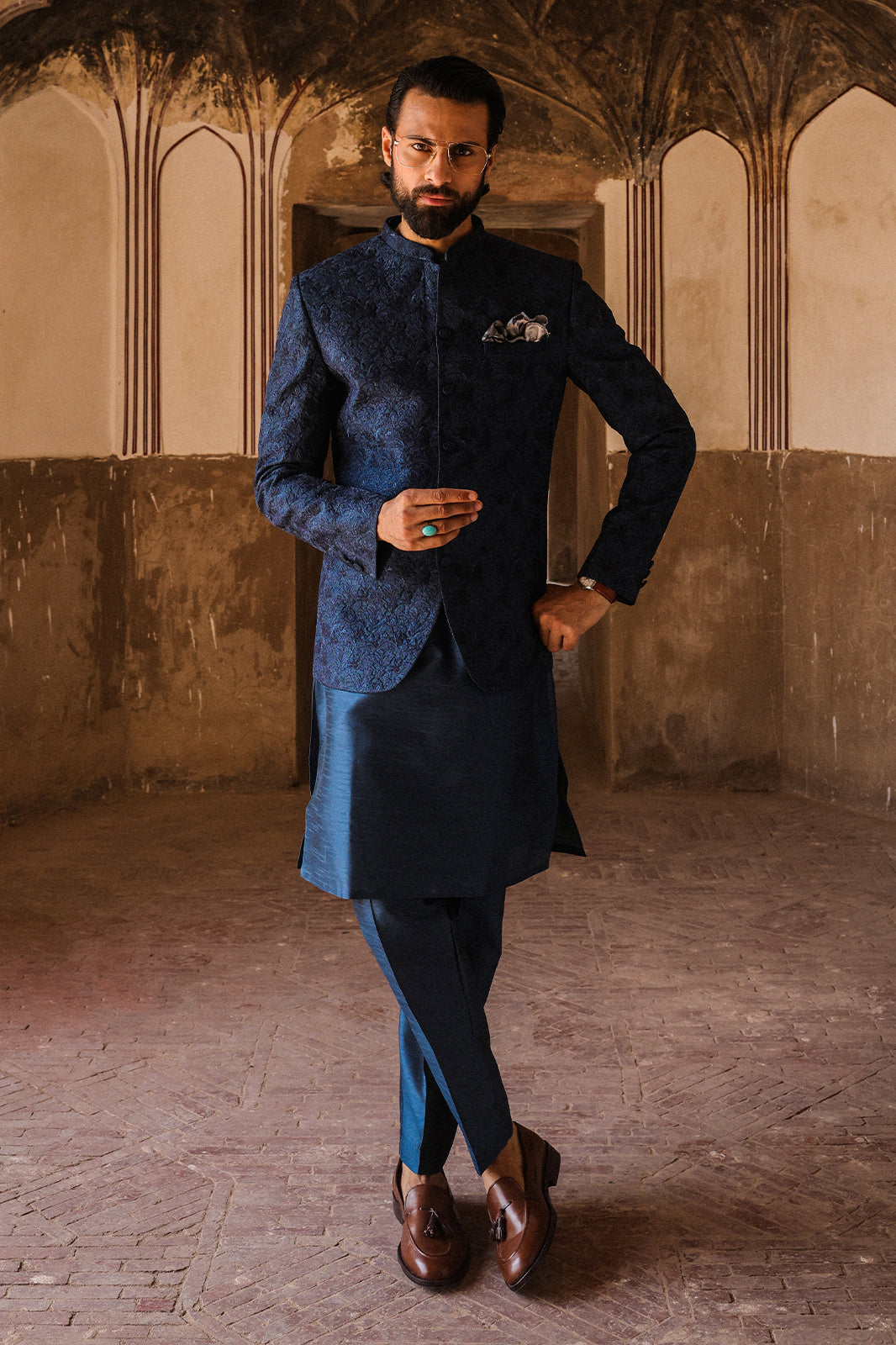 TEAL WITH BLUE EMBROIDRED PRINCE COAT PC-119