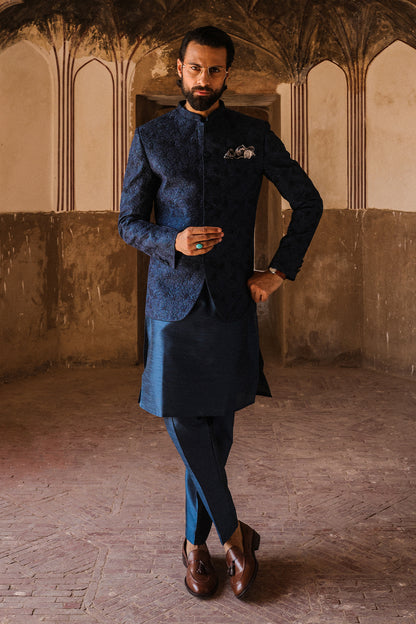 TEAL WITH BLUE EMBROIDRED PRINCE COAT PC-119