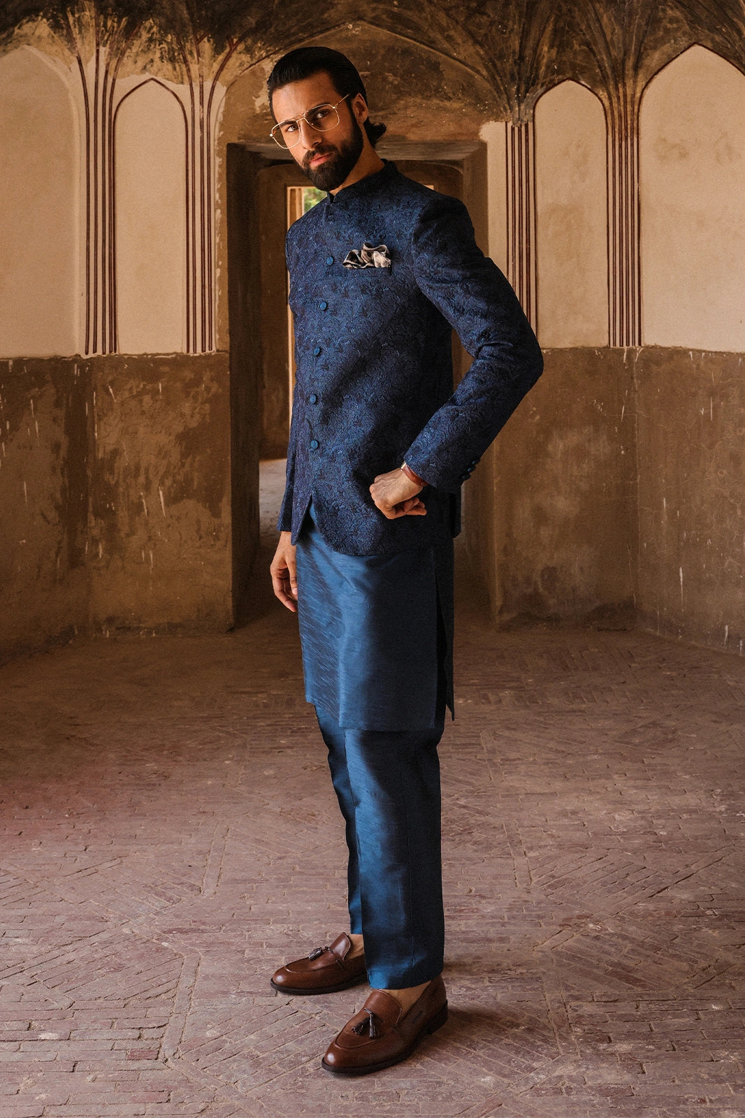 Mens Teal with Blue Embroidered Prince Coat