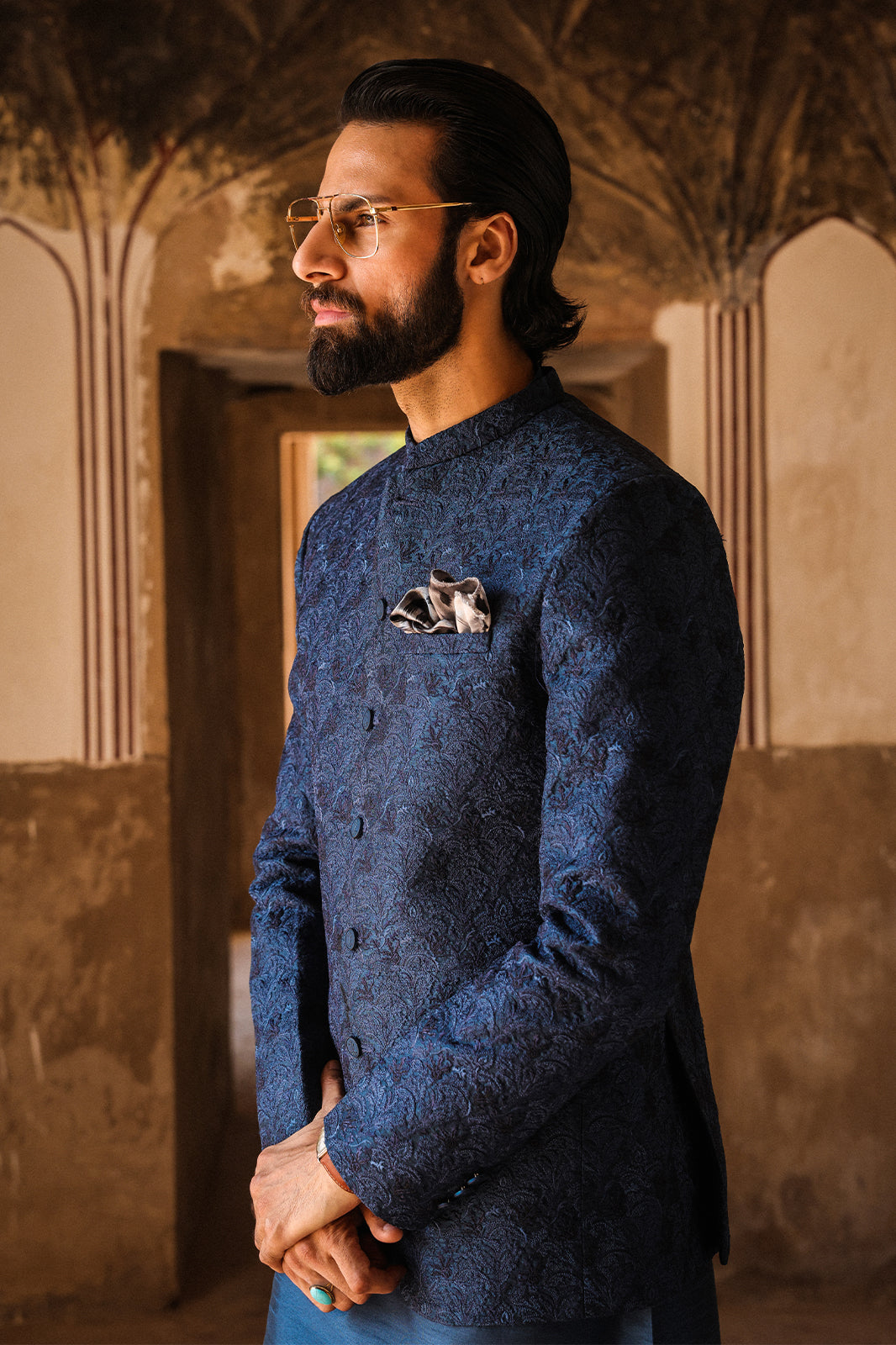 TEAL WITH BLUE EMBROIDRED PRINCE COAT PC-119