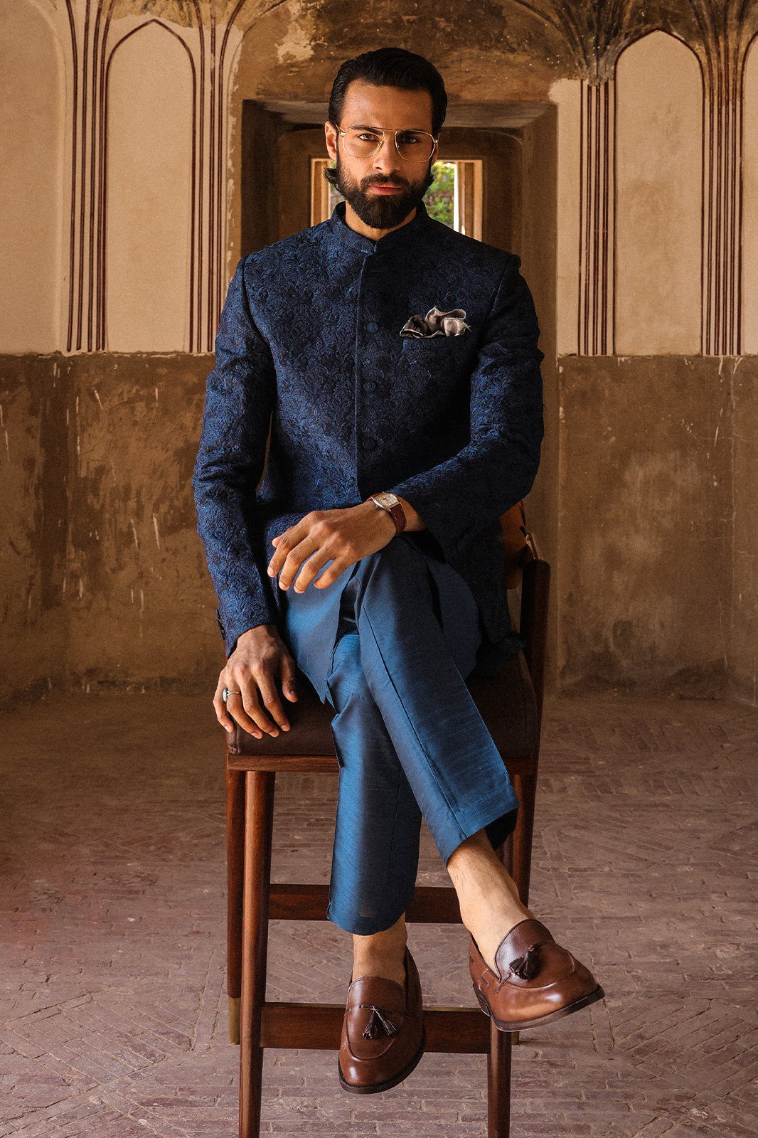 TEAL WITH BLUE EMBROIDRED PRINCE COAT PC-119