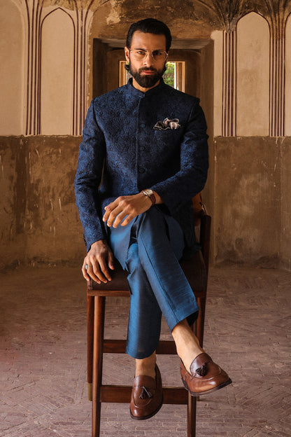 TEAL WITH BLUE EMBROIDRED PRINCE COAT PC-119