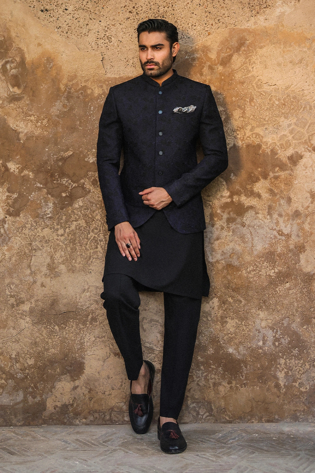 Black & Blue Embroidered Prince Coat for Men