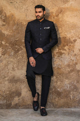Black & Blue Embroidered Prince Coat for Men