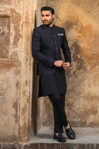 Black & Blue Embroidered Prince Coat for Men