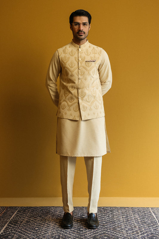 Men's Kurta with Pants and Embroidered Waistcoat - 1916